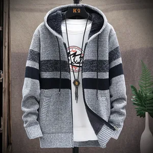 Men's striped hooded knitted cardigan with a warm fleece lining and front zipper