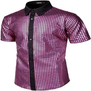 Detailed macro view of mens pink sequin button-down shirt with black collar for 70s disco party