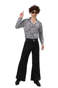 Full body view of 70s vintage disco costume featuring printed shirt and flared pants