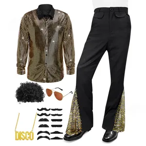 Herren Retro Disco Party Bühnenaufführung Kostüm Pailletten Langarm Top Und Schlaghose Set Vintage Outfit