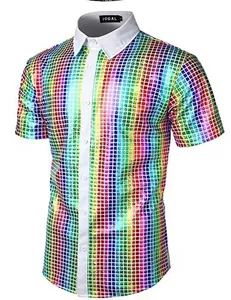 Macro detail of men's rainbow sequin button-down shirt featuring a sharp white collar.