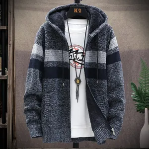 Men's winter hooded knit cardigan with warm fleece lining and stylish striped pattern