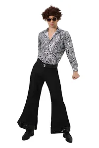 Detailed view of men's retro disco costume with paisley shirt and black bell-bottom pants