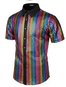 Detailed macro view of vibrant rainbow sequin fabric on a 70s disco party shirt
