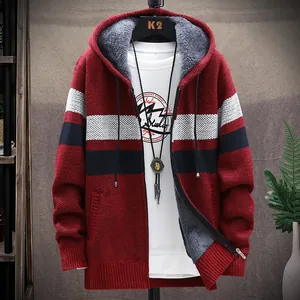 Thick men's red hooded knitted cardigan with warm fleece lining and color stripes