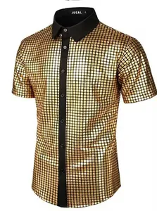 Detailed view of men's gold sequin disco shirt with black collar and buttons