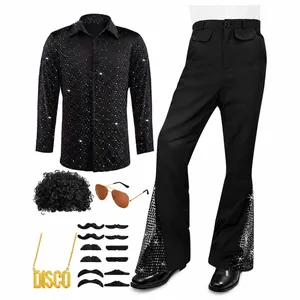 Komplettes 70er Jahre Disco Kostüm Set für Herren mit Paillettenhemd, Schlaghose und Perücke