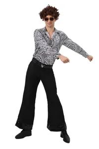 Full view of men's retro 1970s disco costume with paisley shirt and flare pants