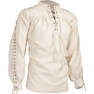 Camicia medievale rinascimentale da uomo con lacci e maniche lunghe in colore bianco crema