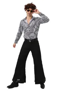 Complete men's 1970s vintage disco costume set featuring printed shirt and flared pants