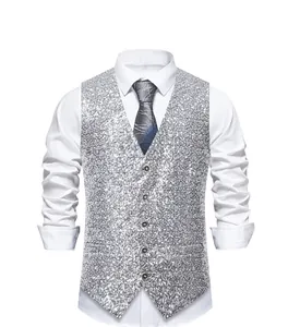 Close-up of a premium shiny silver sequined vest perfect for stage performances and parties