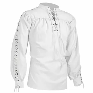 Camicia medievale rinascimentale bianca da uomo con dettagli di lacci sulle maniche