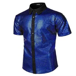 Men's royal blue sequined button-down shirt for 70s disco parties and cosplay costumes