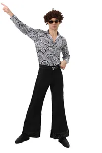 Full body studio shot of a man wearing a 1970s retro disco performance costume set