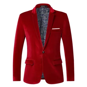 Elegante blazer da uomo in velluto rosso, vestibilità slim, fodera con motivo cachemire