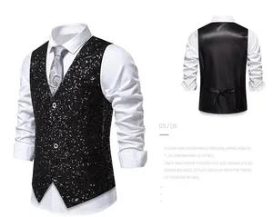 Detail of black sequined men's vest showing front and back views on mannequin