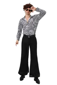 Full view of men's 70s disco costume including printed shirt and flared trousers