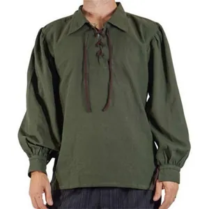 Camicia vintage a maniche lunghe da uomo con lacci e colletto rovesciato verde oliva