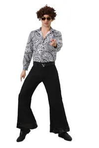 Full view of men's retro 70s disco costume with patterned shirt and flared pants