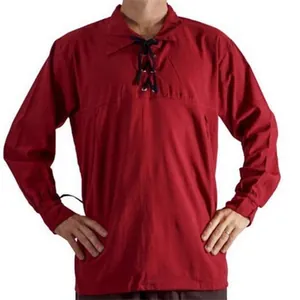 Camicia vintage rossa a maniche lunghe da uomo con colletto stringato di design