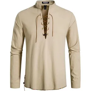 Heren Retro Hippie Strandoverhemd Lange Mouw Opstaande Kraag Vetersluiting Henley Overhemd Vintage Etnisch Casual Top
