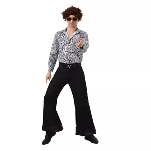 Men's 1970s retro disco costume with paisley print shirt and black bell bottom pants