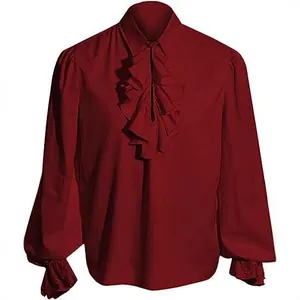 Chemise vintage française à col jabot bordeaux avec poignets en dentelle pour vampire