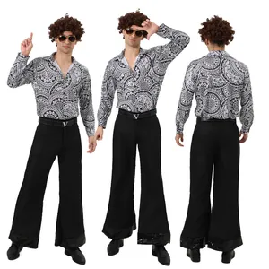 70s Retro Disco Men Performance Costume Set Paisley Print Long Sleeve Shirt And Sequin Bell Bottom Pants Vintage Party Outfit