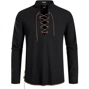 Heren casual hippie shirt met lange mouwen, vetersluiting en opstaande kraag