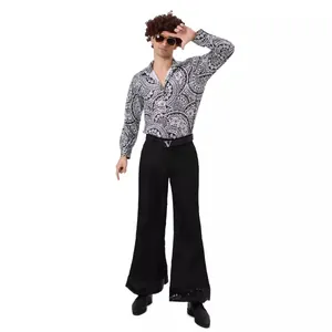 Vintage men's 1970s disco costume outfit featuring printed shirt and black flare pants