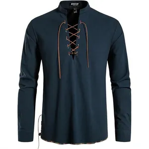 Marineblauw heren Henley shirt met vetersluiting, lange mouwen en een opstaande kraag