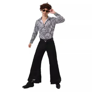 Men's retro 70s disco costume set with printed shirt, flare pants, wig, and sunglasses
