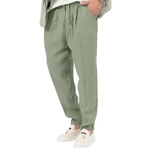 Heren casual katoenen linnen broek in saliegroen met trekkoord, trendy zomerstijl