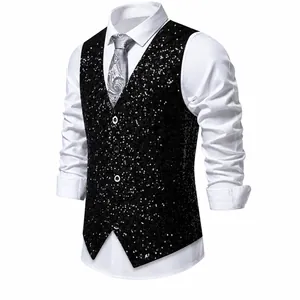 Elegant men's black sequin vest waistcoat for nightclub parties and stage performances