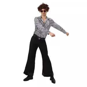 Men's retro disco performance costume set with vintage print shirt and bell bottoms