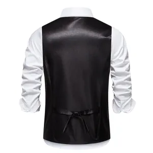 Back view of men's shiny black satin waistcoat with adjustable strap for stage performance