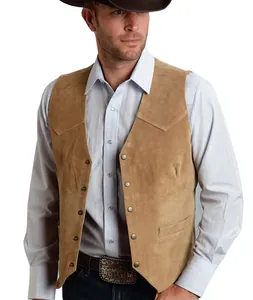 Classic brown suede western vest for men featuring stylish metal buttons and a slim fit design