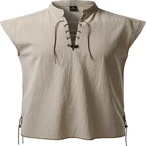 Detailed front view of men's sleeveless beige lace-up Henley shirt in hippie beach style.