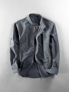 Men's casual long-sleeved shirt with stand collar and wooden buttons in dark grey