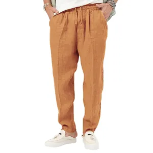 Heren zomerse casual katoen-linnen broek met trekkoord in levendig amberkleurig oranje