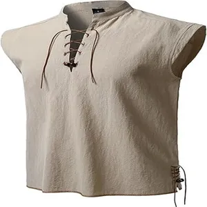 Close-up of a khaki cotton linen sleeveless shirt with lace-up henley collar design