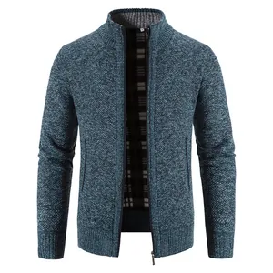 Herren Strickjacke in Blau meliert mit Reißverschluss, Stehkragen und Karofutter