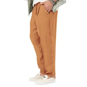 Heren casual katoen linnen broek in oranje-bruin met trekkoord voor de zomer