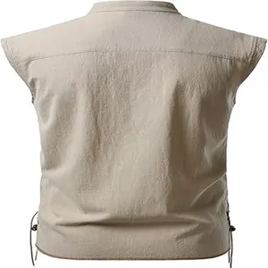 Back view detail of men's sleeveless beige hippie beach shirt with side lace-up