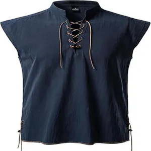 Detailed macro view of the navy blue Henley sleeveless shirt with a lace-up collar