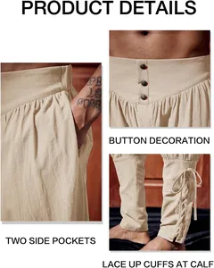 Primi piani dettagliati dei pantaloni retrò medievali con bottoni e lacci ai polpacci.