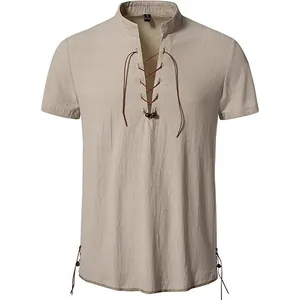 Camicia Henley da Uomo Casual Hippie Spiaggia Collo Coreana con Stringhe Manica Corta Tinta Unita Poliestere Stile Retro