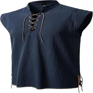 Detailed view of navy blue sleeveless Henley shirt with lace-up collar and ties