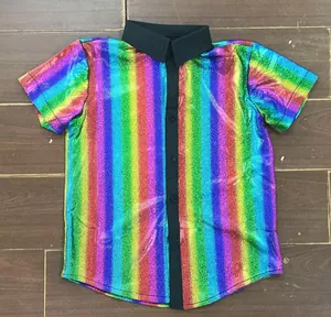 Camisa de Rendimiento de Fiesta de Lentejuelas para Niños Niños Niñas Manga Corta Solapa Con Botones Top de Disfraz de Escenario Disco