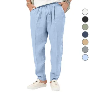 Heren Casual Linnen Broek Zomer Dun Grote Maat Effen Kleur Rechte Pijp Broek Met Trekkoord Taille Modieuze Losse Pasvorm Broek